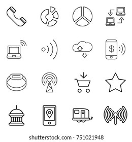 thin line icon set : phone, circle diagram, notebook connect, wireless, cloud service, pay, smart bracelet, antenna, add to cart, star, goverment house, mobile location, trailer