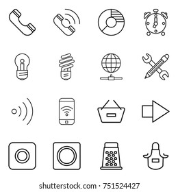 thin line icon set : phone, call, circle diagram, alarm clock, bulb, globe connect, pencil wrench, wireless, remove from basket, right arrow, ring button, grater, apron