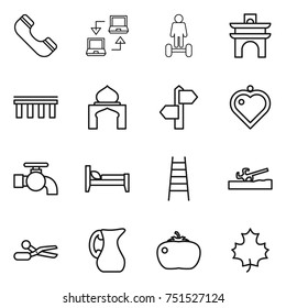 thin line icon set : phone, notebook connect, hoverboard, arch, bridge, minaret, signpost, heart pendant, water tap, bed, stairs, soil cutter, scissors, jug, tomato, maple leaf