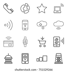 thin line icon set : phone, circle diagram, star, notebook wireless, cloude service, cloud, tap to pay, smart watch, add cart, mobile, goverment house, location, sorting, grater
