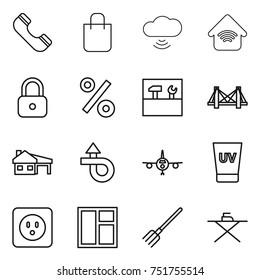 thin line icon set : phone, shopping bag, cloud wireless, home, lock, percent, tools, bridge, house with garage, trip, plane, uv cream, power socket, window, fork, iron board