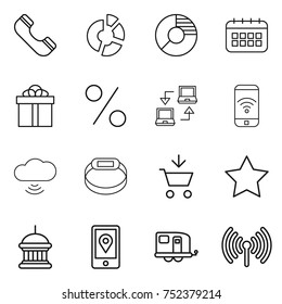 thin line icon set : phone, circle diagram, calendar, gift, percent, notebook connect, wireless, cloud, smart bracelet, add to cart, star, goverment house, mobile location, trailer