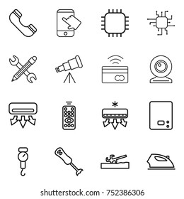 thin line icon set : phone, touch, chip, pencil wrench, telescope, tap to pay, web cam, air conditioning, remote control, kitchen scales, handle, blender, soil cutter, iron