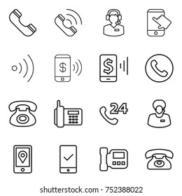 thin line icon set : phone, call, center, touch, wireless, pay, mobile, 24, support manager, location, checking, intercome