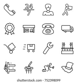 thin line icon set : phone, 24 7, woman, courier, medal, gas station, shipping, trolley, fast deliver, wrench, skysrcapers cleaning, skyscrapers, vacuum cleaner, floor washing