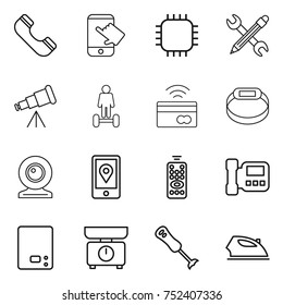 thin line icon set : phone, touch, chip, pencil wrench, telescope, hoverboard, tap to pay, smart bracelet, web cam, mobile location, remote control, intercome, kitchen scales, blender, iron