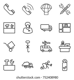thin line icon set : phone, call, parachute, pencil wrench, tools, support manager, shipping, consolidated cargo, trolley, do not hook sign, transfer, reception, repair, trash truck, vacuum cleaner