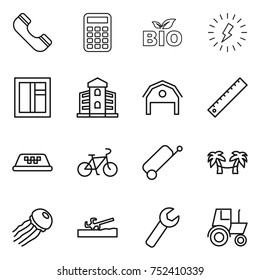thin line icon set : phone, calculator, bio, lightning, window, building, barn, ruler, taxi, bike, suitcase, palm hammock, jellyfish, soil cutter, wrench, tractor