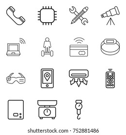thin line icon set : phone, chip, pencil wrench, telescope, notebook wireless, hoverboard, tap to pay, smart bracelet, glasses, mobile location, air conditioning, remote control, kitchen scales