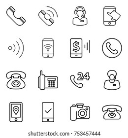 thin line icon set : phone, call, center, touch, wireless, mobile pay, 24, support manager, location, checking, camera