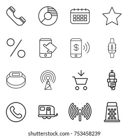 thin line icon set : phone, circle diagram, calendar, star, percent, touch, pay, smart watch, bracelet, antenna, add to cart, spark plug, trailer, wireless, grater