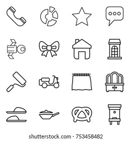 thin line icon set : phone, circle diagram, star, message, satellite, bow, home, building, repair, scooter shipping, curtain, dresser, slippers, pan, pretzel, hive
