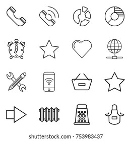 thin line icon set : phone, call, circle diagram, alarm clock, star, heart, globe connect, pencil wrench, wireless, remove from basket, right arrow, radiator, grater, apron