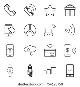 thin line icon set : phone, call, star, gift, touch, diagram, notebook wireless, cloude service, tap to pay, smart watch, spark plug, sorting, mobile checking