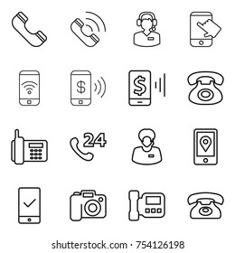 thin line icon set : phone, call, center, touch, wireless, pay, mobile, 24, support manager, location, checking, camera, intercome