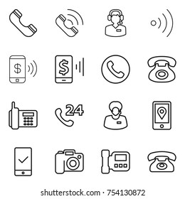 thin line icon set : phone, call, center, wireless, pay, mobile, 24, support manager, location, checking, camera, intercome