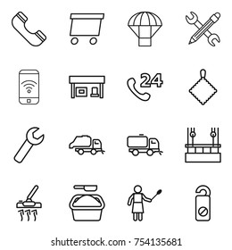 thin line icon set : phone, delivery, parachute, pencil wrench, wireless, gas station, 24, rag, trash truck, sweeper, skysrcapers cleaning, vacuum cleaner, washing powder, woman with duster