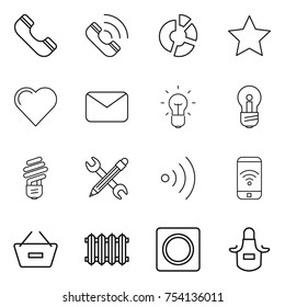 thin line icon set : phone, call, circle diagram, star, heart, mail, bulb, pencil wrench, wireless, remove from basket, radiator, ring button, apron