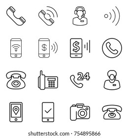 thin line icon set : phone, call, center, wireless, pay, mobile, 24, support manager, location, checking, camera