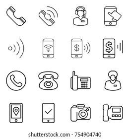 thin line icon set : phone, call, center, touch, wireless, pay, mobile, support manager, location, checking, camera, intercome