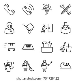thin line icon set : phone, call, 24 7, pencil wrench, support manager, trolley, courier delivery, package, fast deliver, taxi, repair tools, bucket and broom, wiping, brooming, woman with duster