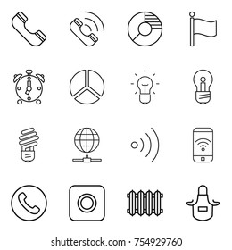 thin line icon set : phone, call, circle diagram, flag, alarm clock, bulb, globe connect, wireless, ring button, radiator, apron