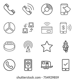 thin line icon set : phone, call, circle diagram, touch, notebook connect, tap to pay, smart bracelet, antenna, star, spark plug, mobile location, trailer, checking