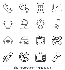thin line icon set : phone, gear, calculator, notebook, hex molecule, globe connect, round around, segway, wireless home, lunar rover, tv, rocket, cooler fan, wrench