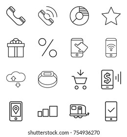 thin line icon set : phone, call, circle diagram, star, gift, percent, touch, wireless, cloude service, smart bracelet, add to cart, mobile pay, location, sorting, trailer, checking