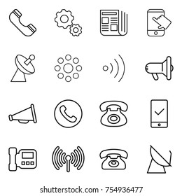 thin line icon set : phone, gear, newspaper, touch, satellite antenna, round around, wireless, megafon, loudspeaker, mobile checking, intercome