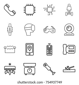 thin line icon set : phone, chip, hoverboard, smart watch, virtual mask, glasses, web cam, electrostatic, mobile location, remote control, intercome, air conditioning, kitchen scales, blender