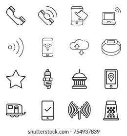 thin line icon set : phone, call, touch, notebook wireless, cloude service, smart bracelet, star, spark plug, goverment house, mobile location, trailer, checking, grater