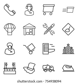 thin line icon set : phone, call center, delivery, parachute, warehouse, pencil wrench, under construction, support manager, trolley, hotel, skysrcapers cleaning, floor washing, home, iron