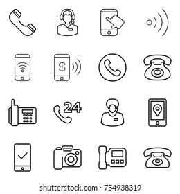 thin line icon set : phone, call center, touch, wireless, pay, 24, support manager, mobile location, checking, camera, intercome