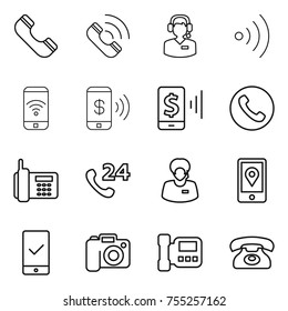 thin line icon set : phone, call, center, wireless, pay, mobile, 24, support manager, location, checking, camera, intercome