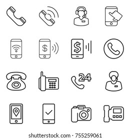 thin line icon set : phone, call, center, touch, wireless, pay, mobile, 24, support manager, location, checking, camera, intercome