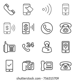 Thin line icon set : phone, touch, wireless, pay, mobile, 24, support manager, location, checking, camera, intercome