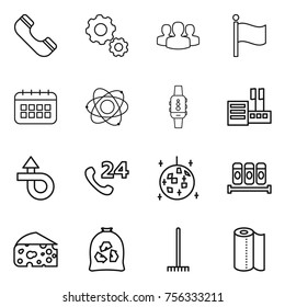 Thin line icon set : phone, gear, group, flag, calendar, atom, smart watch, store, trip, 24, disco ball, spices, cheese, garbage bag, rake, paper towel
