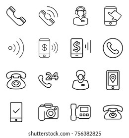 Thin line icon set : phone, call, center, touch, wireless, pay, mobile, 24, support manager, location, checking, camera, intercome