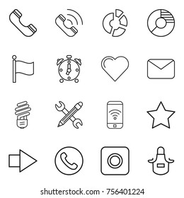 Thin line icon set : phone, call, circle diagram, flag, alarm clock, heart, mail, bulb, pencil wrench, wireless, star, right arrow, ring button, apron