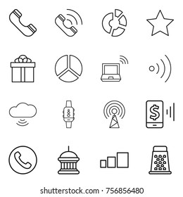 Thin line icon set : phone, call, circle diagram, star, gift, notebook wireless, cloud, smart watch, antenna, mobile pay, goverment house, sorting, grater