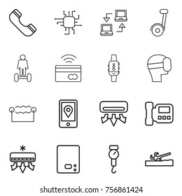 Thin line icon set : phone, chip, notebook connect, segway, hoverboard, tap to pay, smart watch, virtual mask, electrostatic, mobile location, air conditioning, intercome, kitchen scales, handle