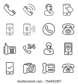 Thin line icon set : phone, call, center, touch, wireless, pay, 24, support manager, mobile location, checking, camera, intercom