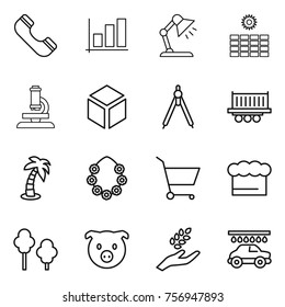 Thin line icon set : phone, graph, table lamp, sun power, microscope, 3d, drawing compasses, truck shipping, palm, hawaiian wreath, cart, chief hat, trees, pig, harvest, car wash