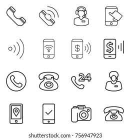 Thin line icon set : phone, call, center, touch, wireless, pay, mobile, 24, support manager, location, checking, camera