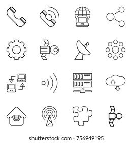 Thin line icon set : phone, call, notebook globe, molecule, gear, satellite, antenna, round around, connect, wireless, server, cloude service, home, puzzle