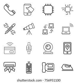 Thin line icon set : phone, touch, chip, pencil wrench, telescope, notebook connect, wireless, tap to pay, smart watch, web cam, mobile location, air conditioning, remote control, intercome, iron