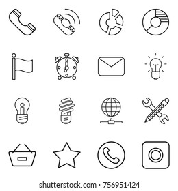 Thin line icon set : phone, call, circle diagram, flag, alarm clock, mail, bulb, globe connect, pencil wrench, remove from basket, star, ring button