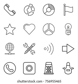 Thin line icon set : phone, circle diagram, flag, star, heart, bulb, globe connect, pencil wrench, wireless, right arrow, ring button, grater, apron