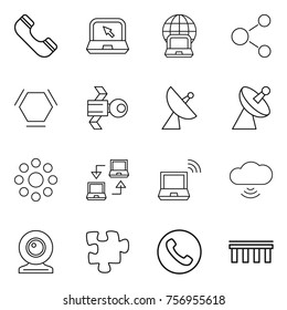 Thin line icon set : phone, notebook, globe, molecule, hex, satellite, antenna, round around, connect, wireless, cloud, web cam, puzzle, bridge
